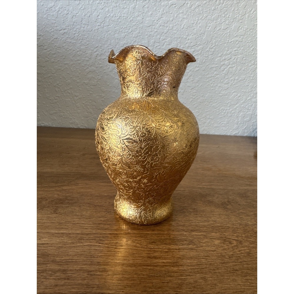 Vintage 22K gold encrusted glass vase Glastonbury Lotus Daisy Field Floral Patte